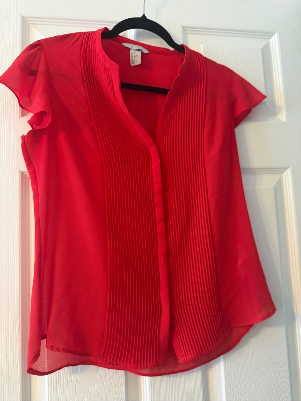 H&M Bright Red Pleated V-Neck Flutter Sleeve Blouse